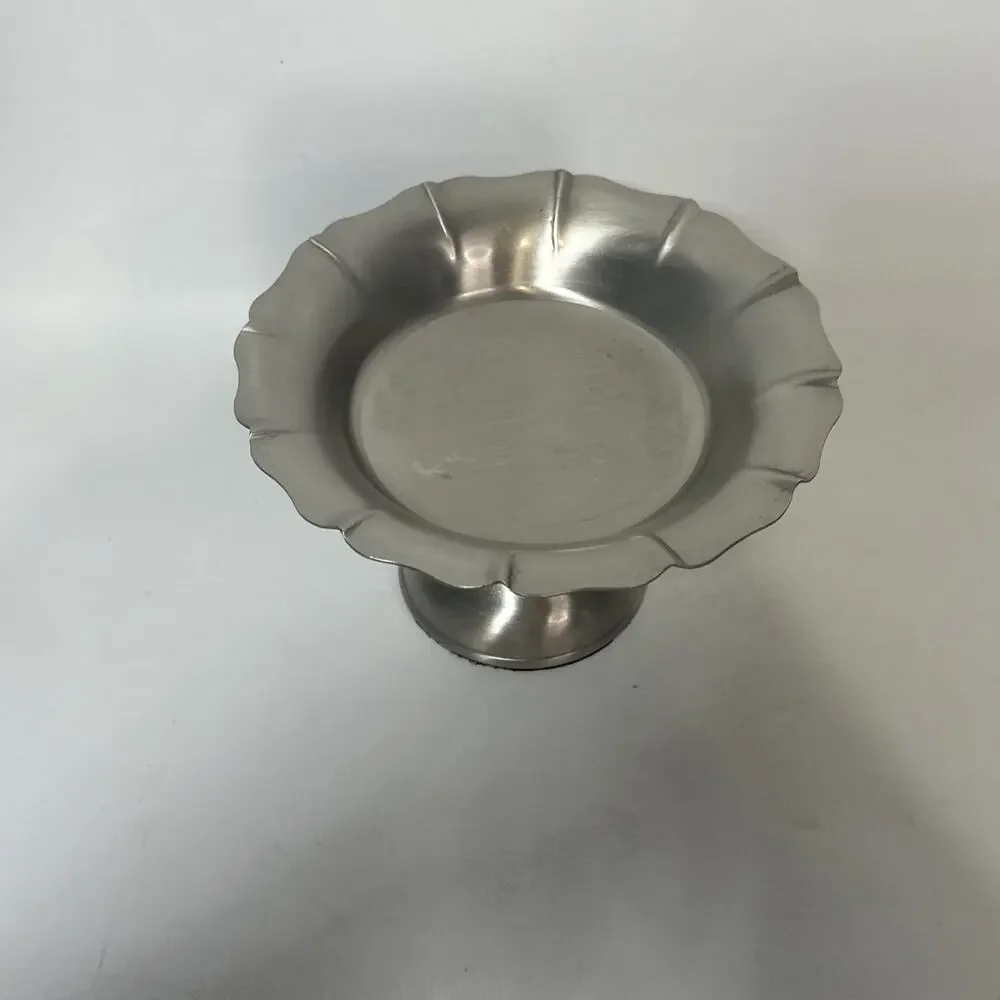 Pedestal Candle Holder Candy Dish Pewter Aluminum brushed metal fluted edges